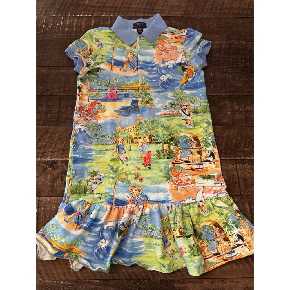 Polo Ralph Lauren Girls M 8-10 Polo Bear The Breakers Palm Beach Golf Dress